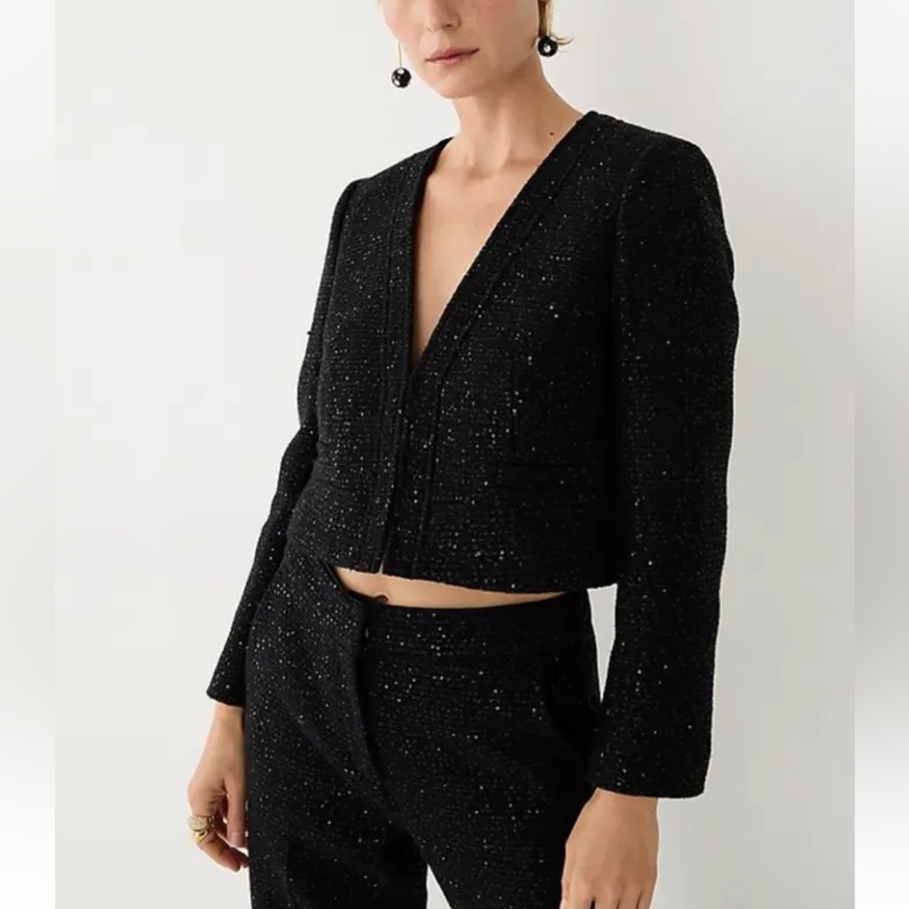 J crew collection black sequin tweed crop lady jacket wool blend blazer size 16